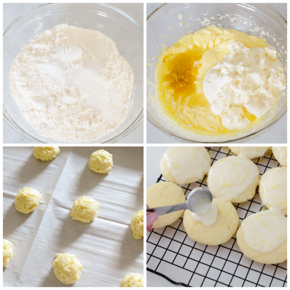 4 pictures showing how to mix lemon dough, scoop it onto parchment paper and then drizzle a glaze onto cooked cookies. 