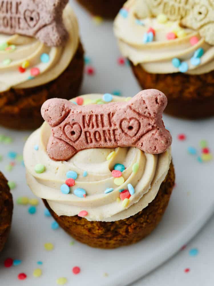 A peanut butter dog cupcake topped with frosting and a dog treat.