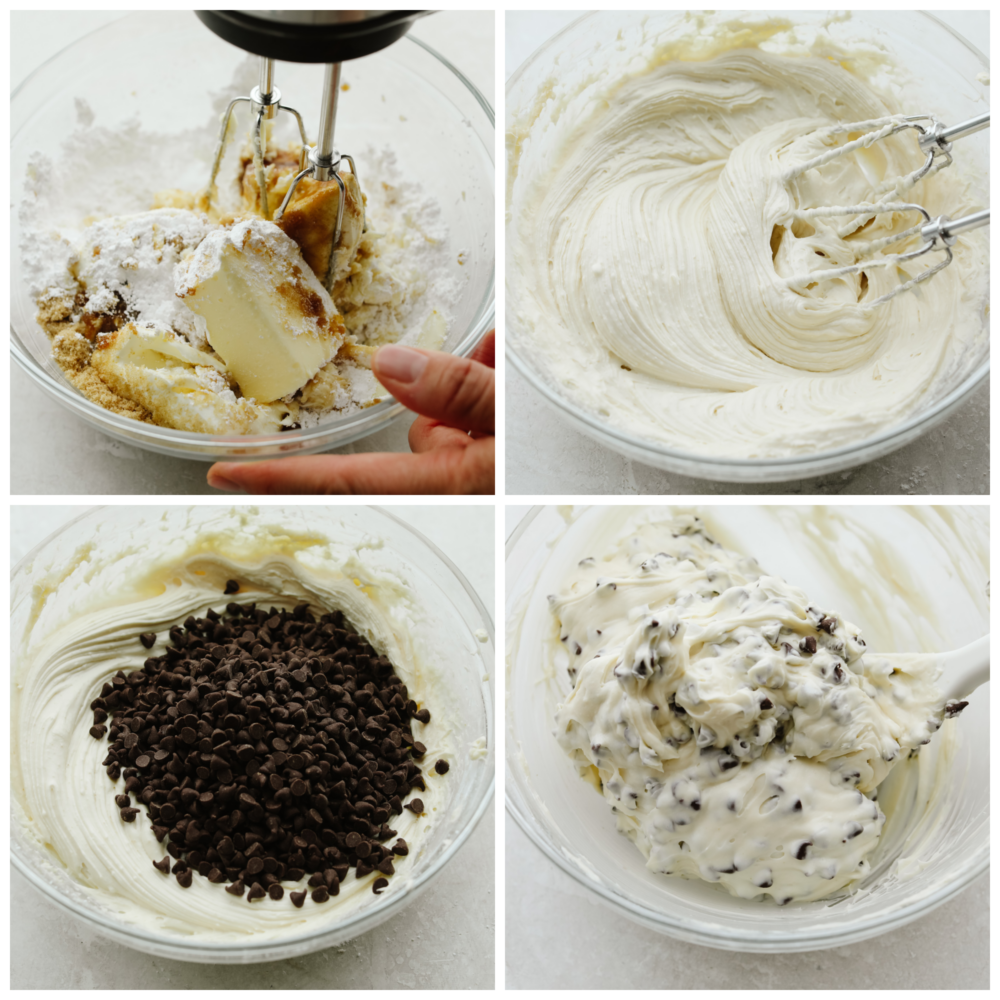 4 pictures showing how to add the ingredients to a bowl, mix with an electric mixer and then fold in the mini chocolate chips. 