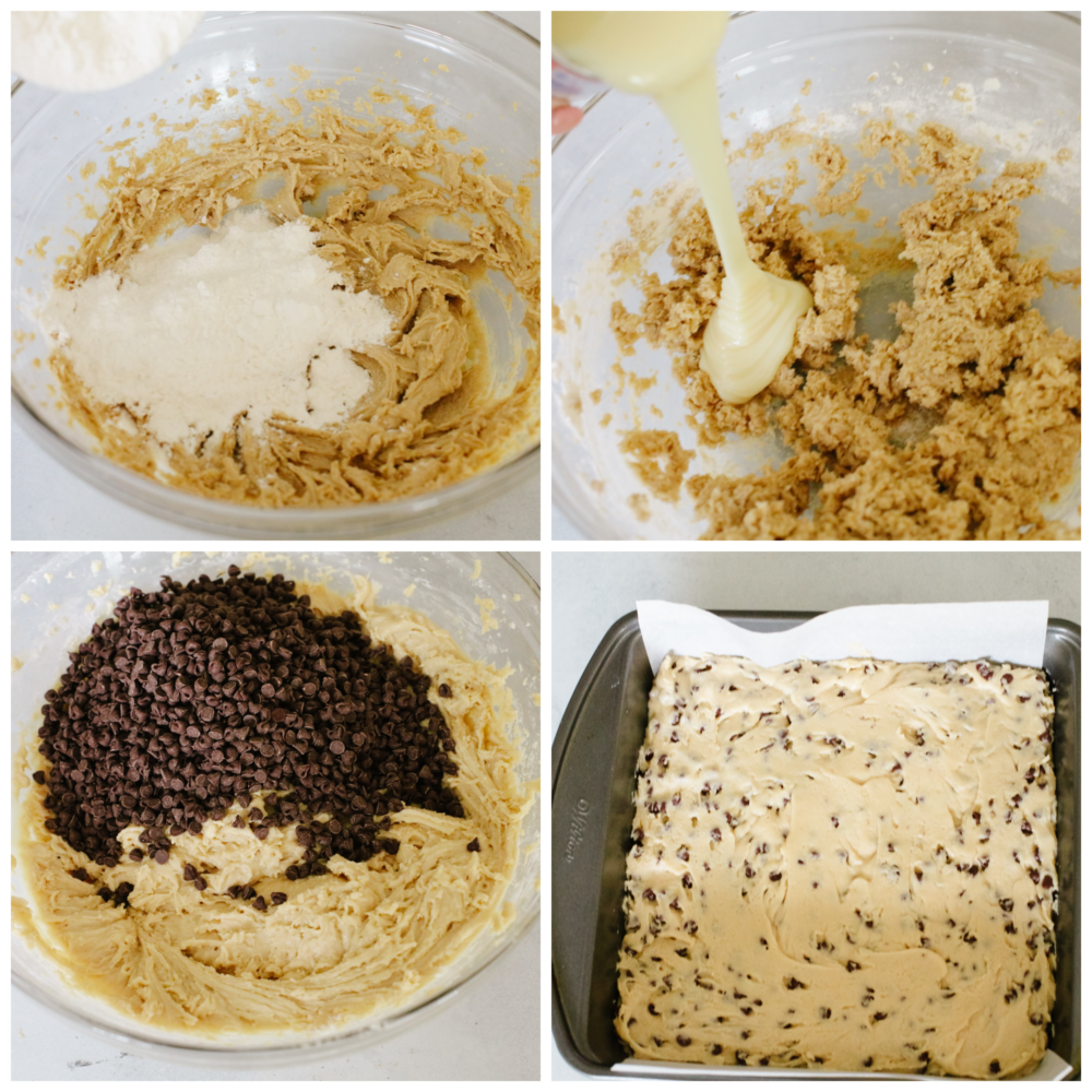 4 pictures showing how to make the dough and press it into a pan to make bars. 