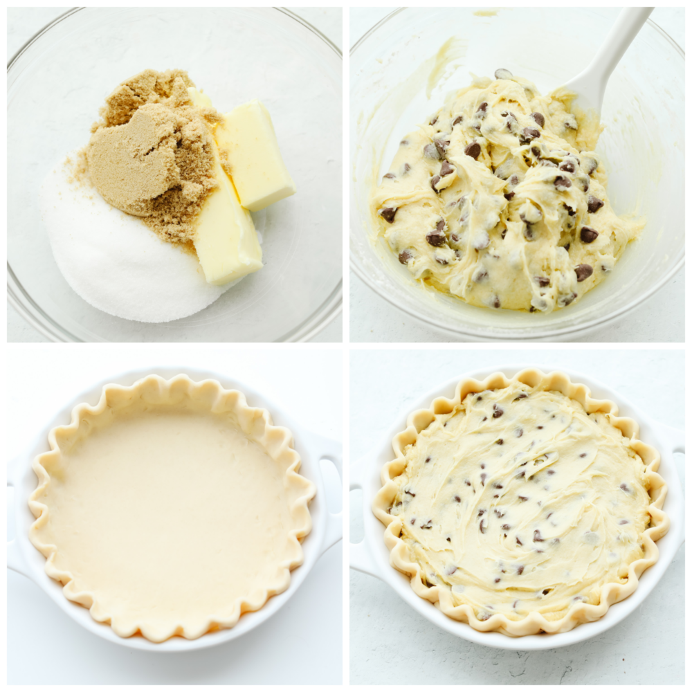 4-photo collage of pie filling being prepared and added to crust.