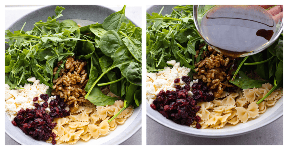 2-photo collage of vinaigrette being poured over salad ingredients.