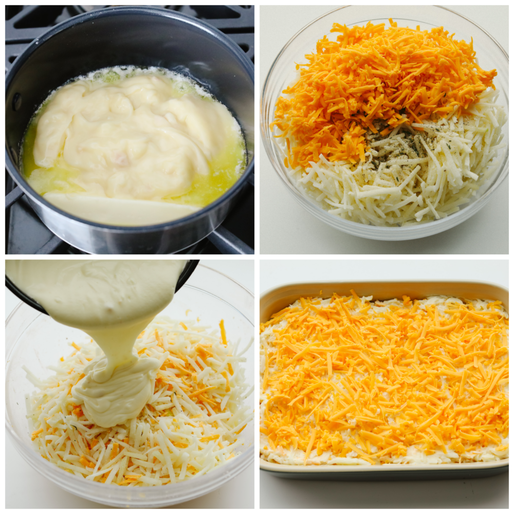 4-photo collage of casserole filling being prepared.