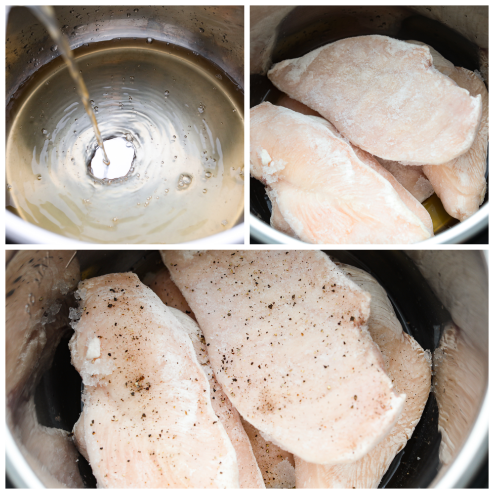 3 pictures showing how to add water to an instant pot, add in the chicken breasts and sprinkle on some seasoning. 