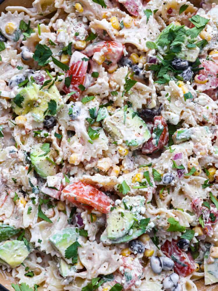 A close up of Mexican pasta salad. 