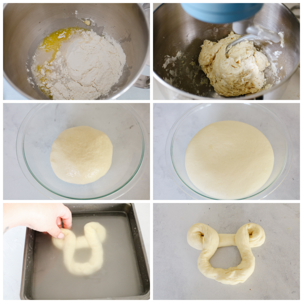 6 pictures showing how to make the dough and form it into a Mickey shape. 