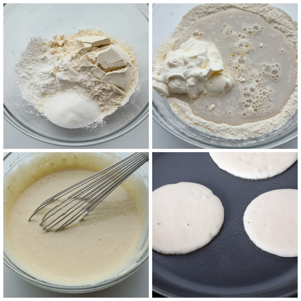 4 pictures showing how to make sour cream pancake batter and add the batter to a griddle. 