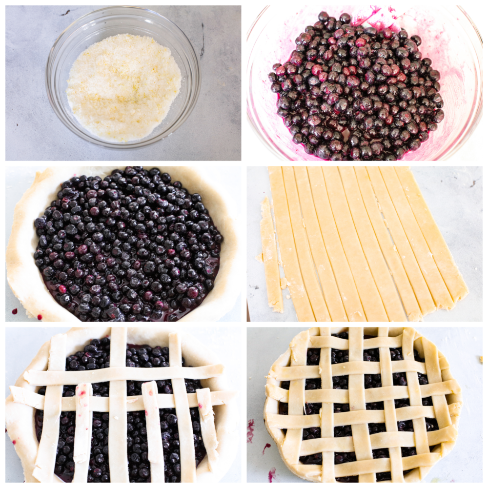 6 pictures showing how to assemble a blueberry pie and add on the lattice crust. 