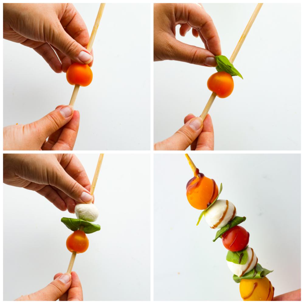 4-photo collage of skewers being prepared.