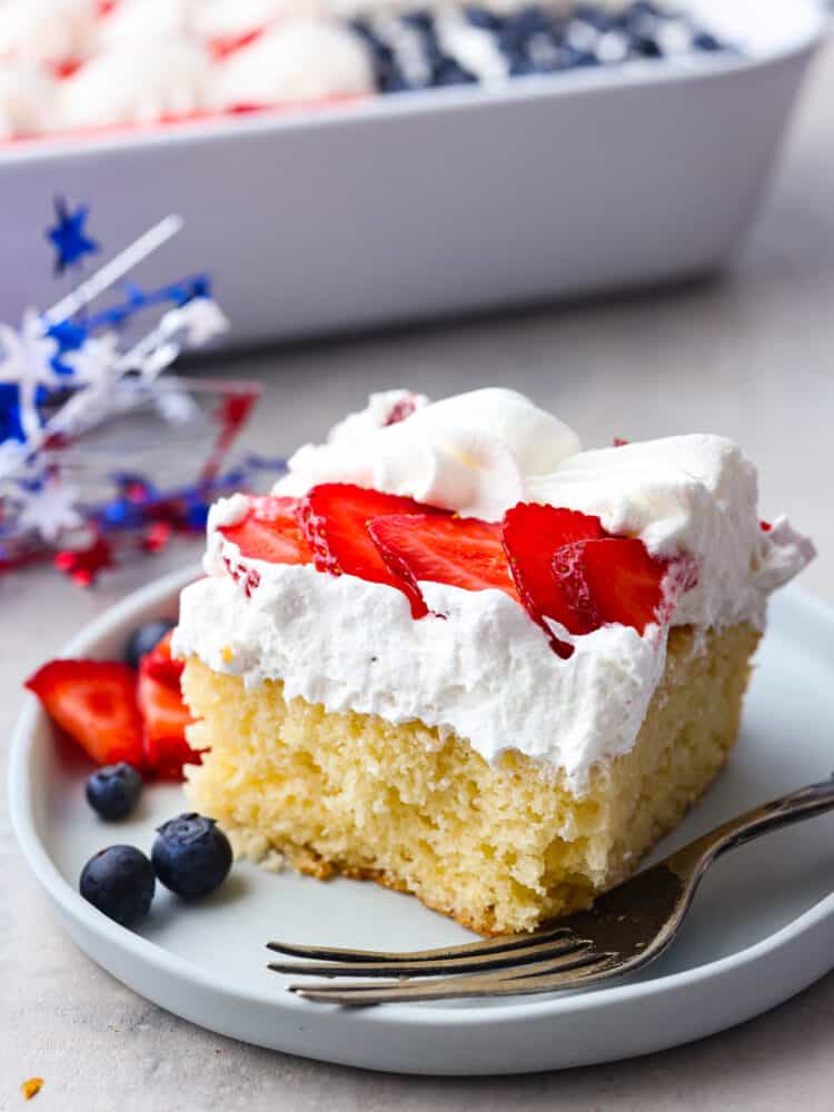 A slice of cake on a plate with a fork. 