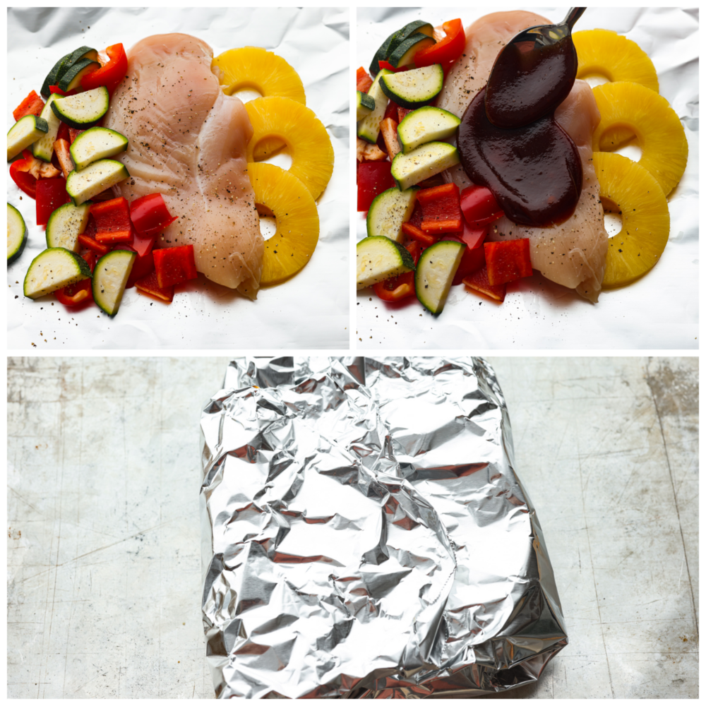 3 pictures showing how to add the hawaiann bbq chicken and ingredients to the foil and wrap it all up. 