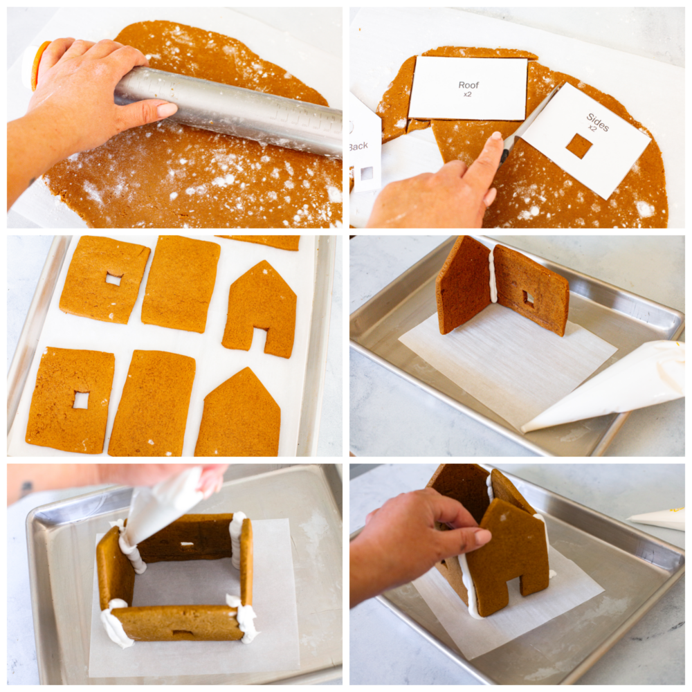 Process photos showing the dough rolled out and cut into gingerbread house shapes, then baked and assembled on a pan with parchment.