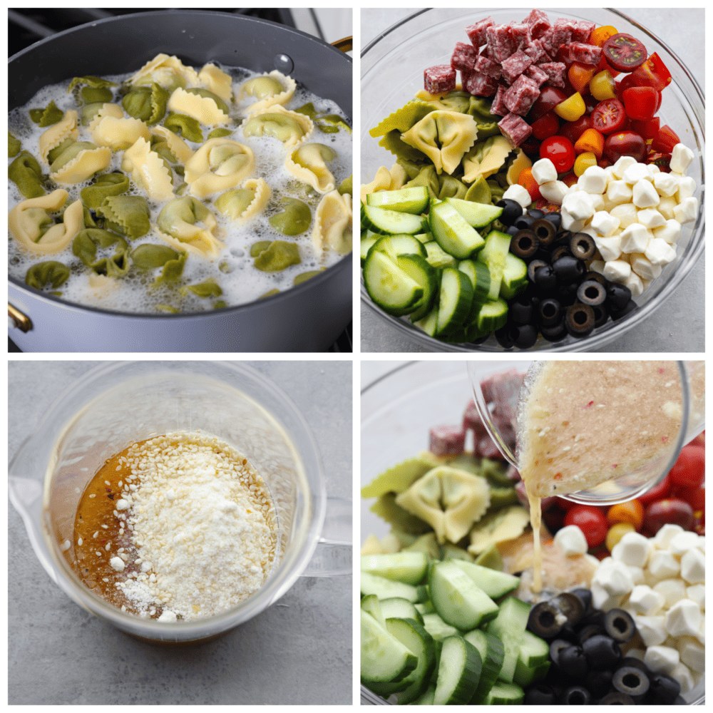 4 process pictures showing how to cook the pasta, combine the veggies, make the dressing and put the dressing on top of the salad. 