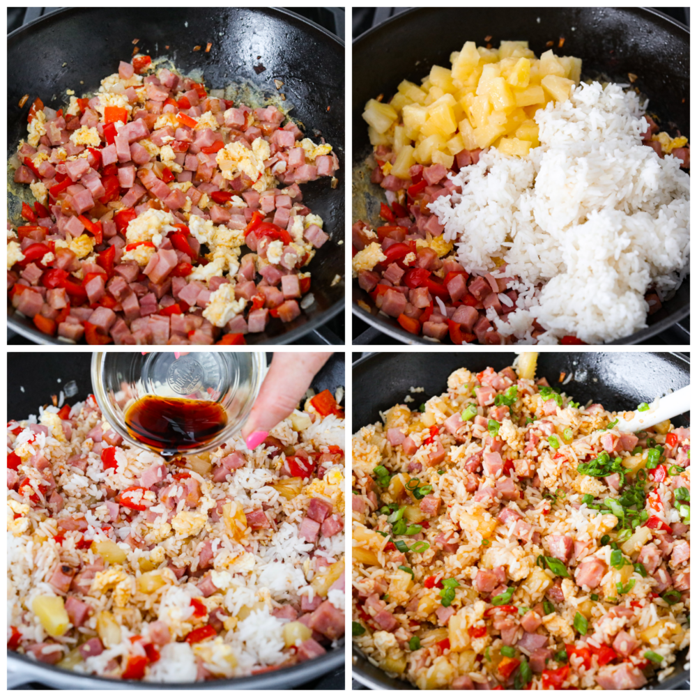 4 pictures showing how to mix the ingredients in a skillet and combine them together. 