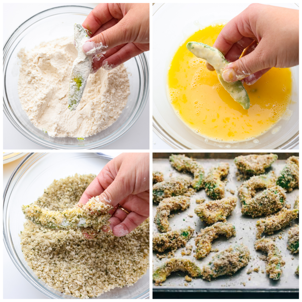 4 pictures showing how to dredge avocados and coat them with breadcrumbs.