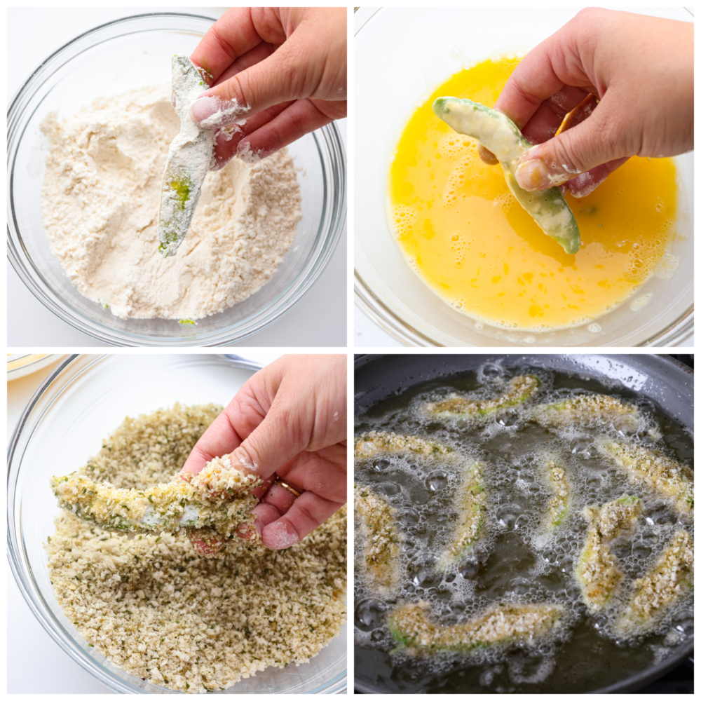 4-photo collage of avocado wedges being battered and fried.