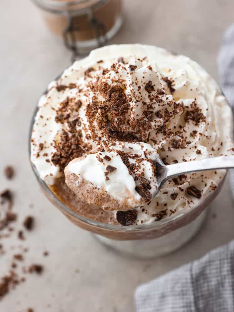 Top-down view of frozen hot chocolate being eaten with a spoon.