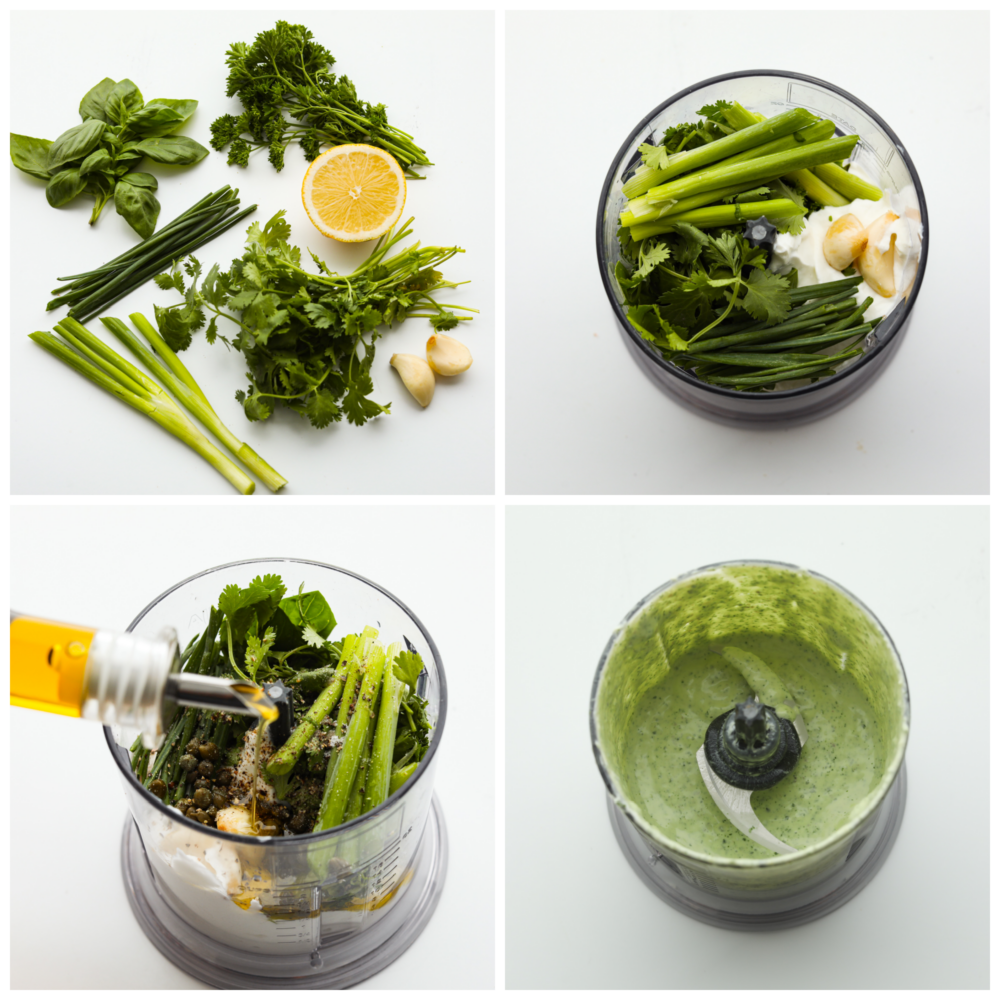 Four process photos of how to make green goddess dressing.  The first photo is of herbs, garlic, and lemon.  The second photo is all of the ingredients added into a food processor.  The third photo is olive oil being poured into the food processor.  The fourth photo is a top view of the blended green goddess dressing in the food processor.