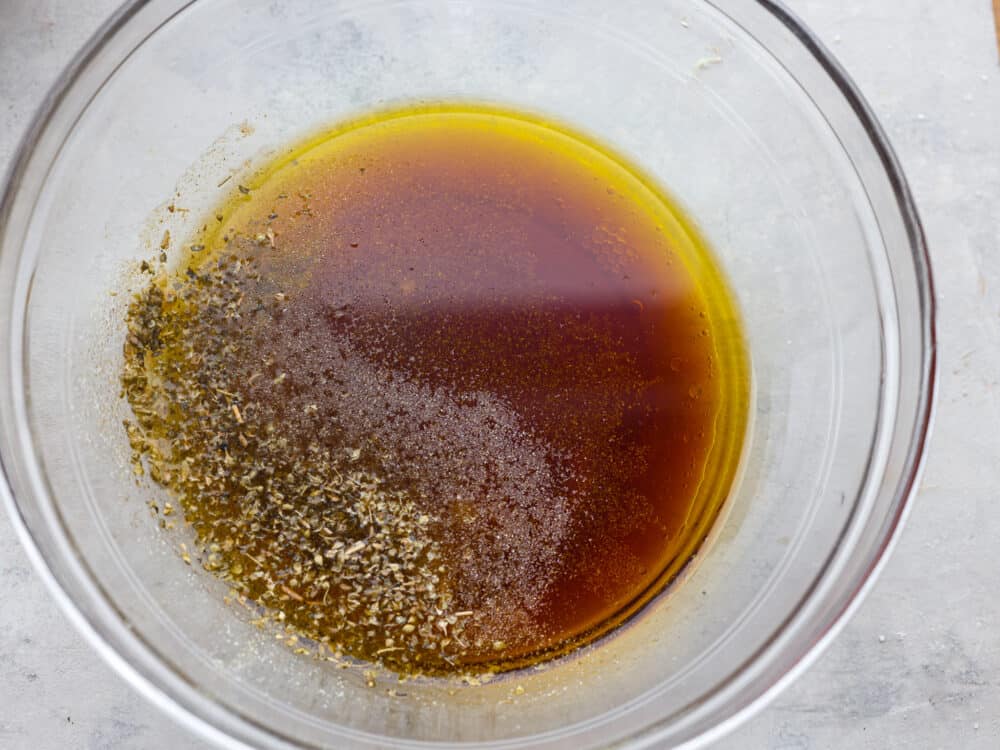 Ingredients in a glass bowl, ready to be mixed. 