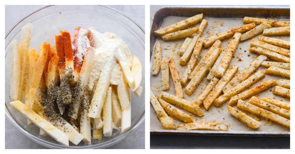 2-photo collage of raw jicama slices being seasoned and added to a baking sheet.