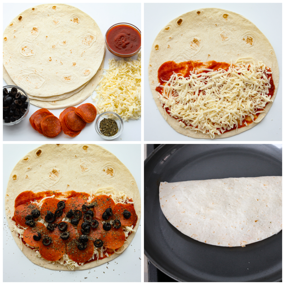 4 pictures showing how to assemble a pizza quesadilla and cook it on a skillet. 