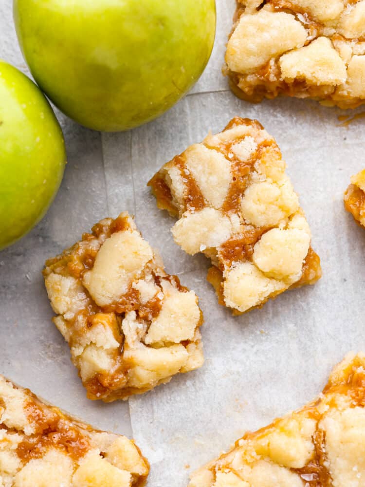 The topview of a caramel apple bar broken in half