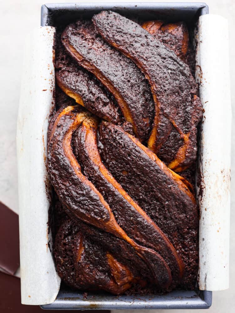 Top-down view of a whole loaf of babka bread.