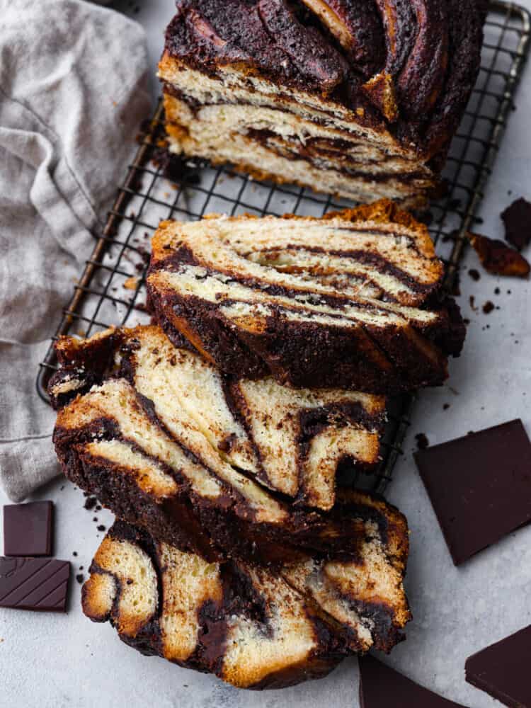 Top-down view of sliced babka bread.