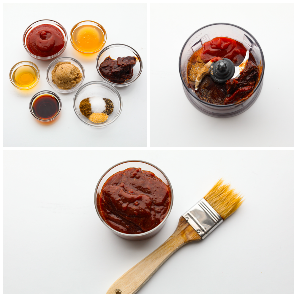 3 pictures of spices in separate bowls, then mixed together in a food processor and then all together in a glass bowl with a basting brush next to it. 