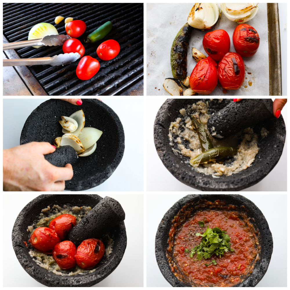 6-photo collage of vegetables being roasted then mashed in a molcajete.