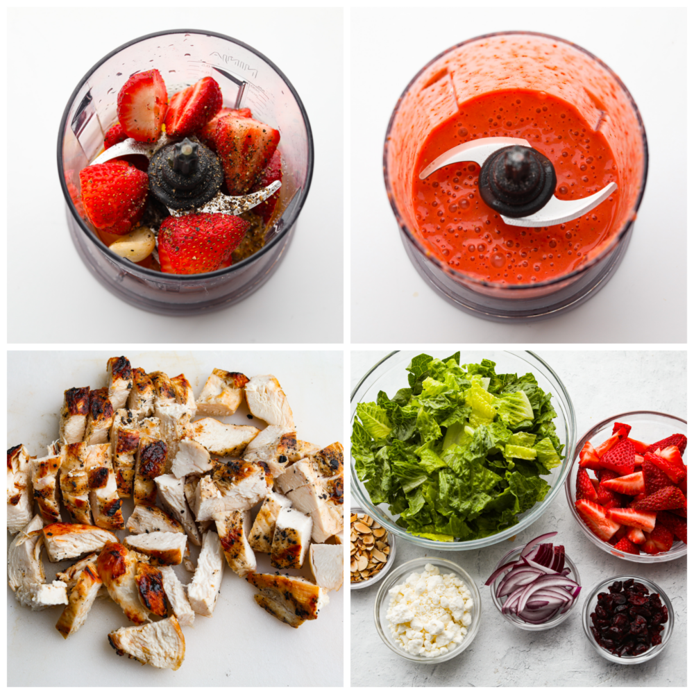 2 pictures showing how to make the dressing and 2 pictures showing all of the ingredients for the salad in glass bowls. 