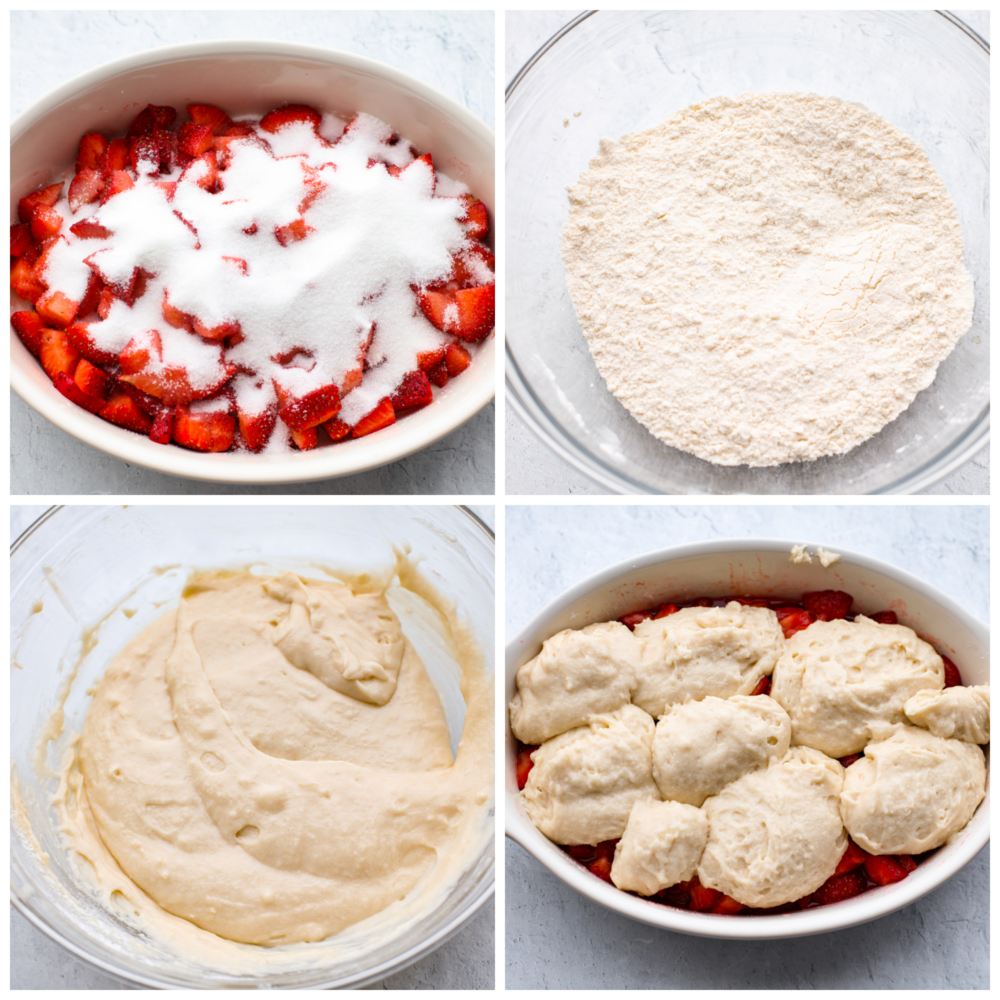 4 pictures showing how to make the strawberry mixture and then add the dough on top. 