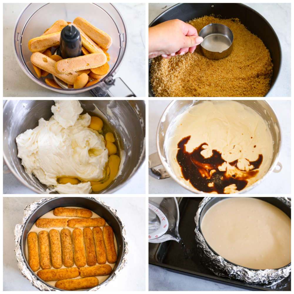 6 pictures showing the process of making the crust, the filling and then getting it ready to bake. 