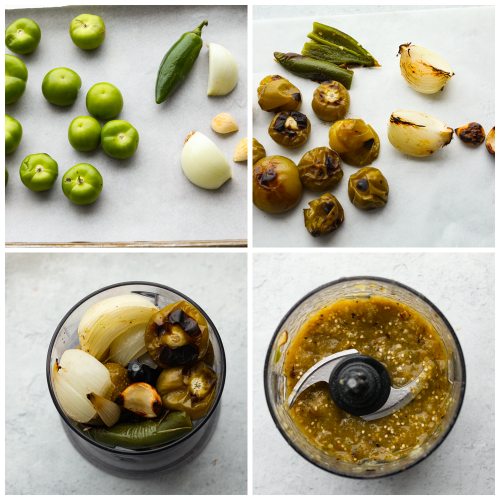 Collage of vegetables being roasted and then added to a food processor.