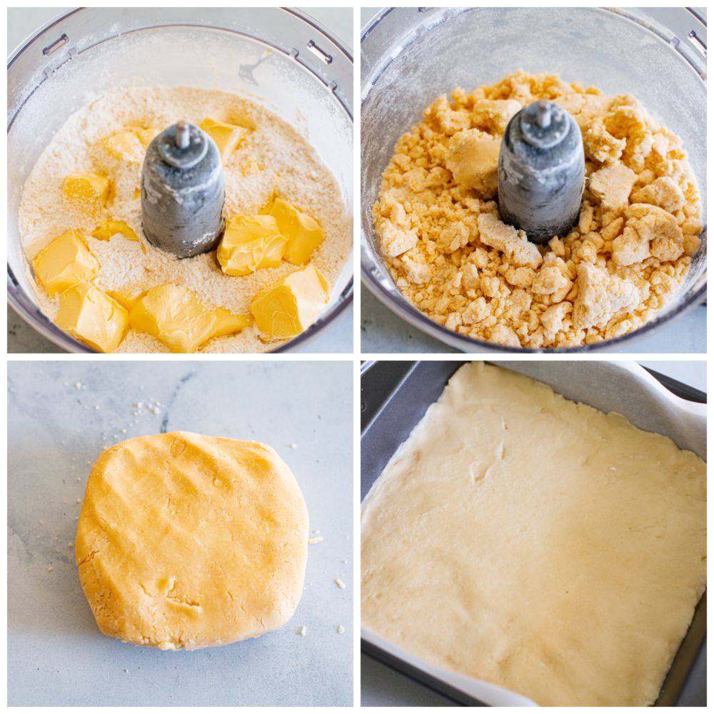 First process shot is dry ingredients in a food processor with the butter added in on top.  Second photo is the ingredients blended into a pea-size pieces. Third process photo is the dough formed into a ball to chill.  Fourth process photo is the dough pressed into a square pan before baking.