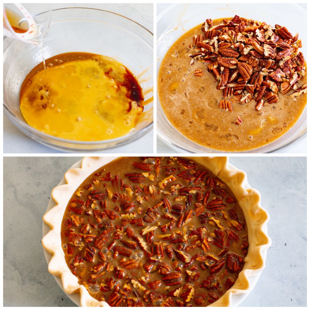 Process photos showing pecan pie filling ingredients being poured into a glass bowl, pecans being added, and then that mixture being added to a pie shell in a white pie dish.