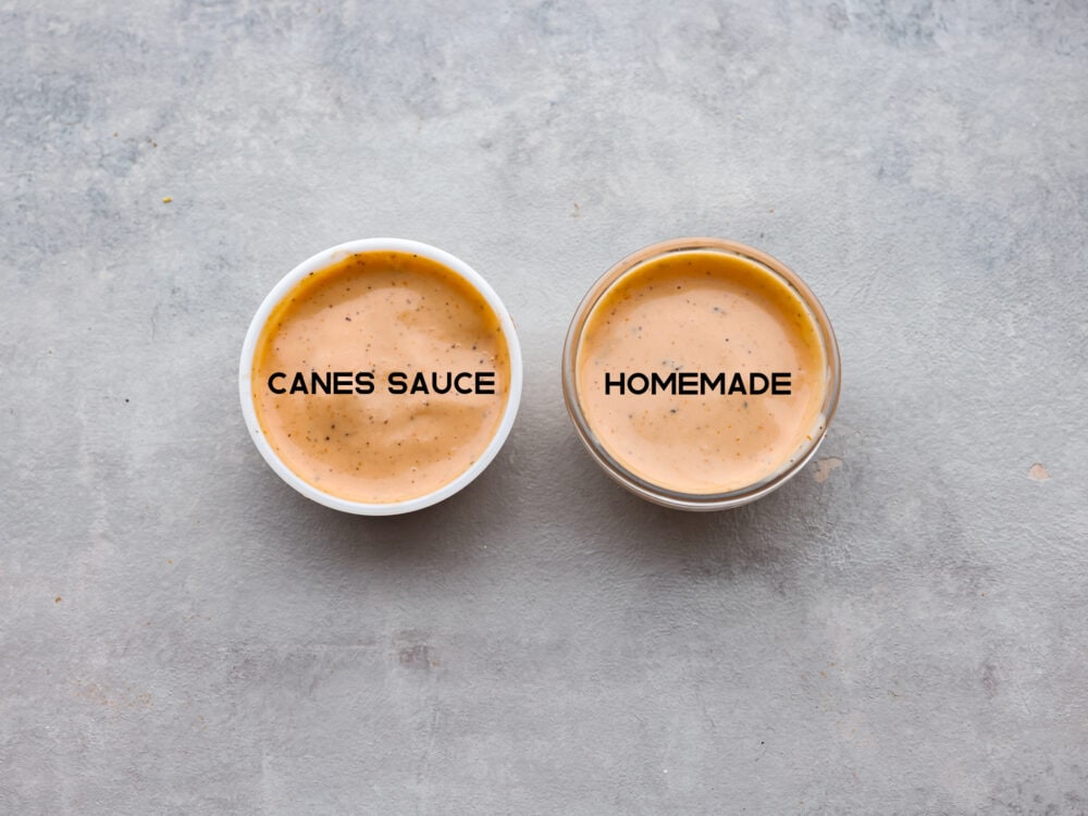 A close up side by side view of the restaurant sauce in one bowl, and homemade sauce in another bowl. The colors and size of the bowls are identical.