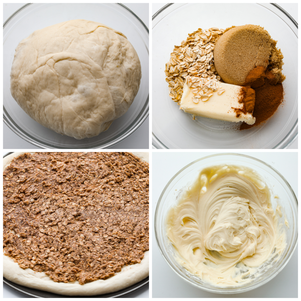 4 pictures showing how to add the cinnamon topping to the crust and the glaze in a bowl.