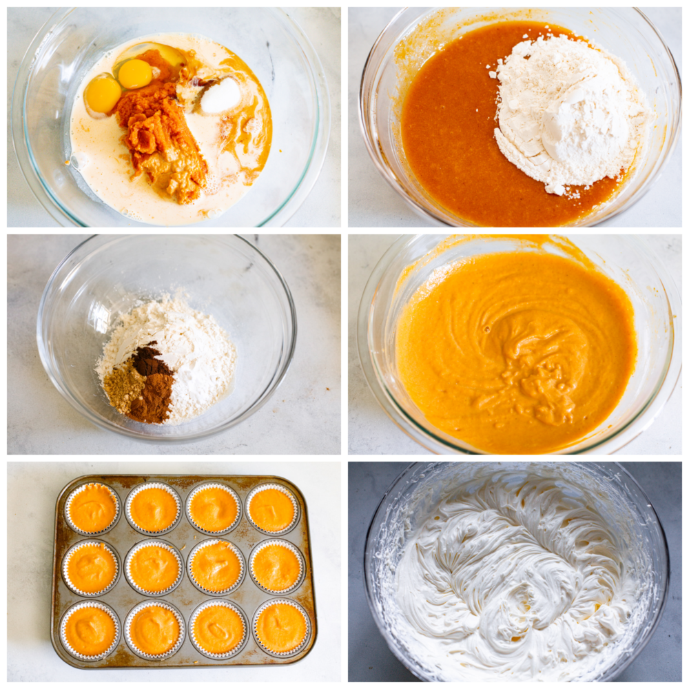 Collage of cupcake batter being mixed together and added to a muffin tin. Whipped cream cheese frosting ingredients are mixed together in a glass bowl.