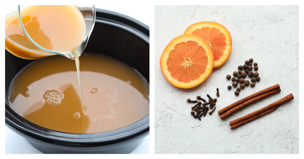 2 pictures showing a crockpot of apple cider and the ingredients laid out on the counter, ready to go in. 