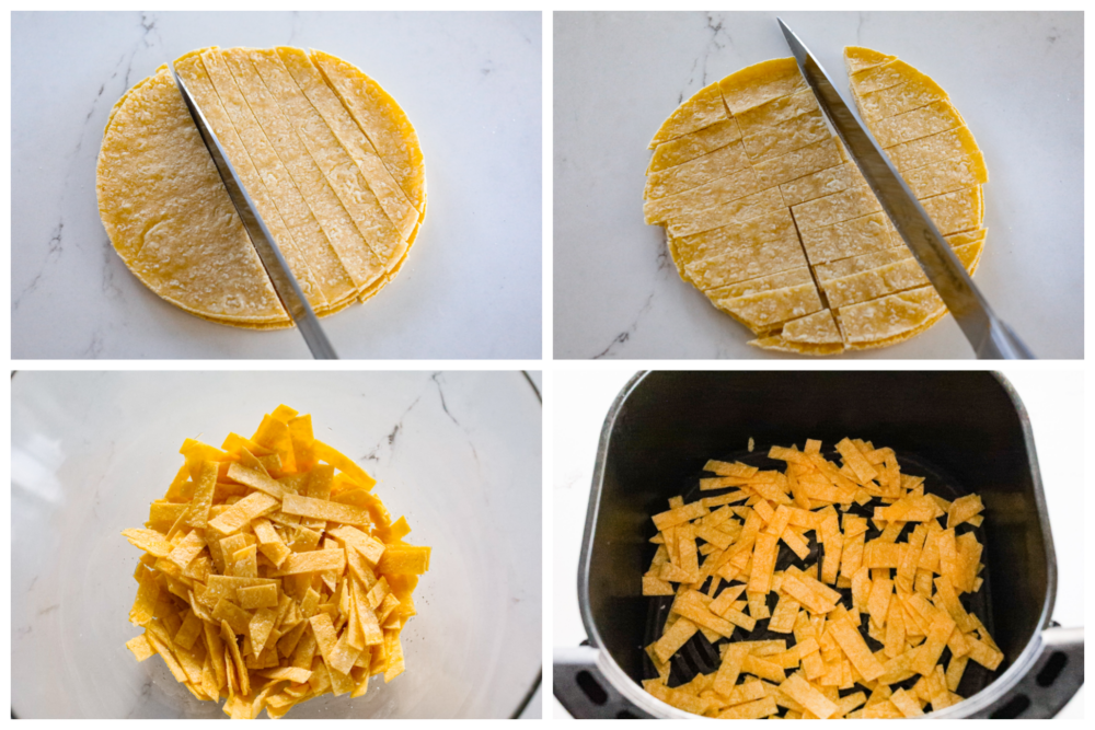 4 pictures showing how to cut the tortillas and add them to the air fryer basket. 