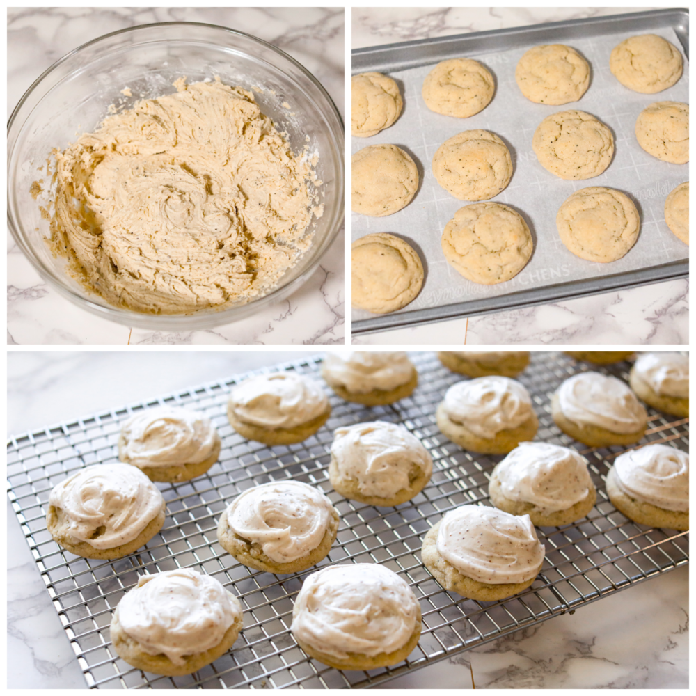 Process photos showing a bowl with batter in it, cookies baking on a sheet, and finished cookies frosted sitting on a wire rack.