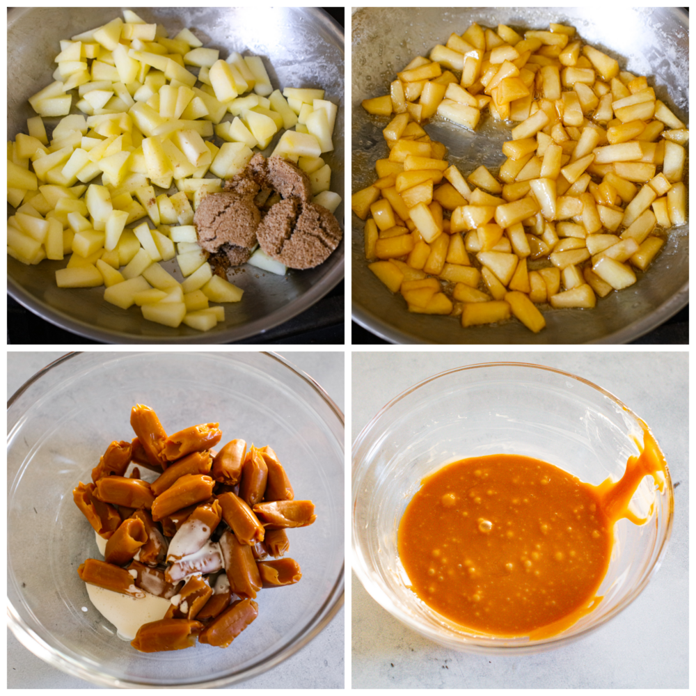 Process photos showing the caramel apple topping being made. The apples are in a pan with brown sugar and butter and sauteed. Then caramels are put in a glass bowl with cream and melted.