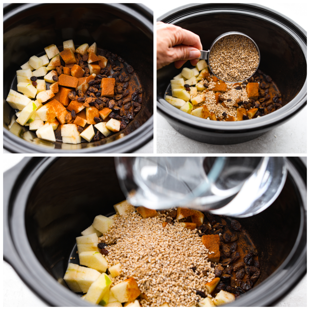 3-photo collage of steel-cut oats, apples, raisins, and sweetener being added to a slow cooker.