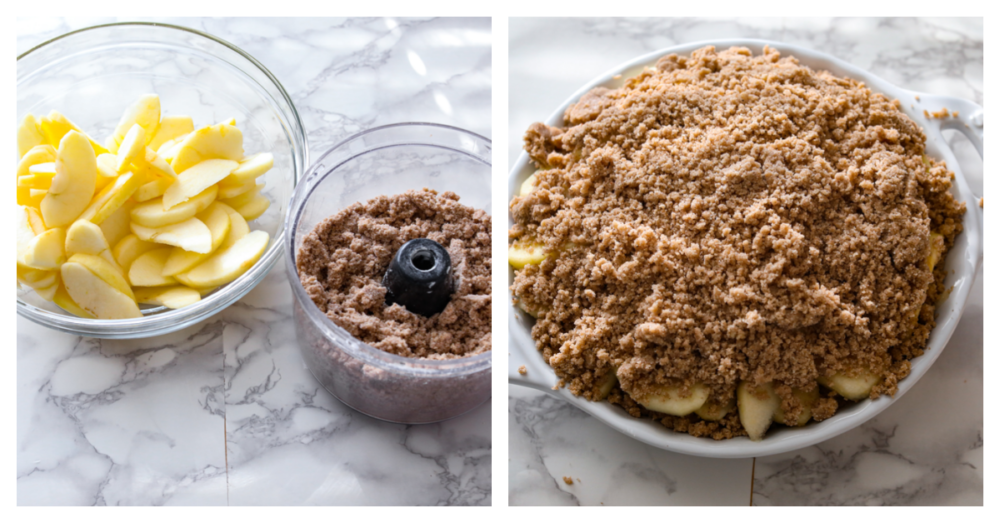 Process photos showing cut up apples in a bowl next to a food processor with the crumble in it, and then all of them combined in a baking dish.