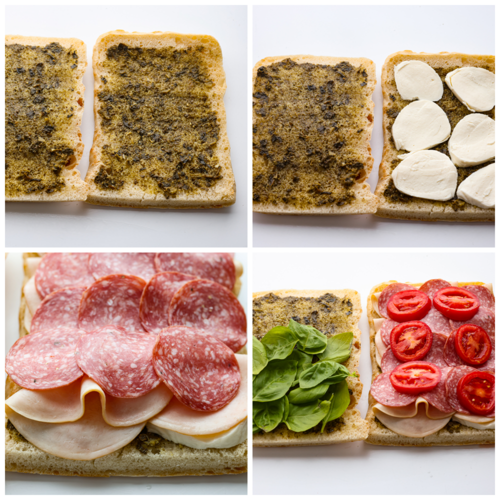 Process photos showing pesto on two pieces of ciabatta, then mozzarella added, then turkey and salami, lastly the basil and tomato.