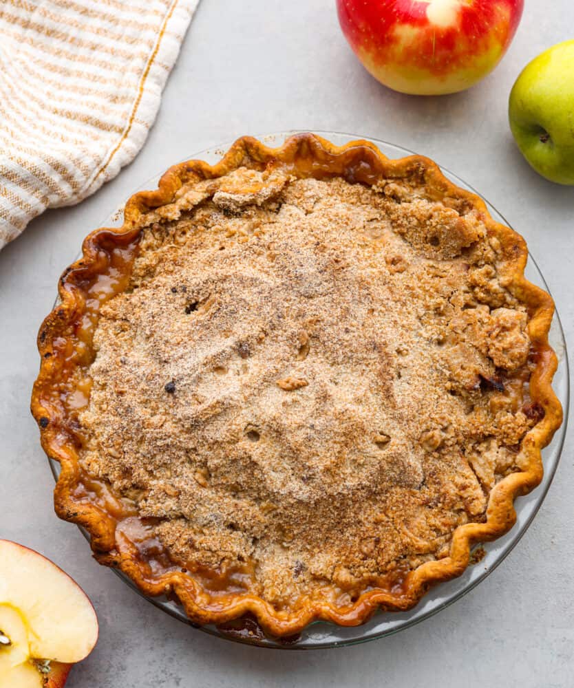 Top-down view of a whole Dutch apple pie.