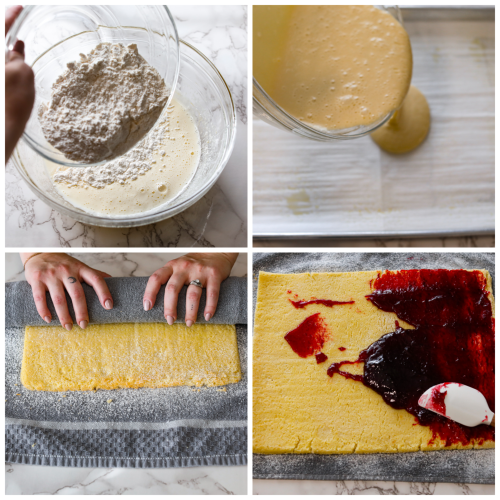 Process photos showing the batter being made, poured onto a pan, rolled into a towel, and then jelly spread on the inside.