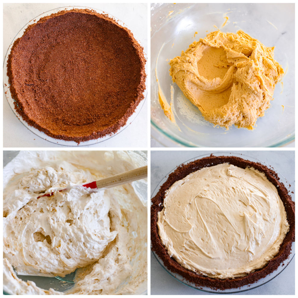 4-photo collage of pie filling being prepared.