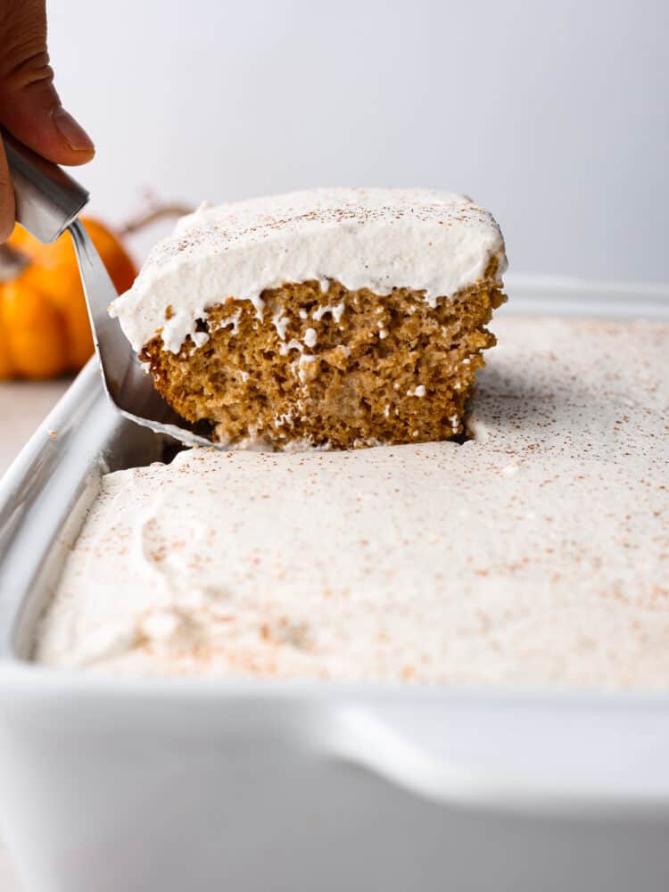 A slice of pumpkin tres leches being served with a cake spatula.